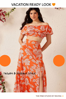 Orange Off-Shoulder Top and Maxi Skirt Co-Ord Set for Beach Vacation