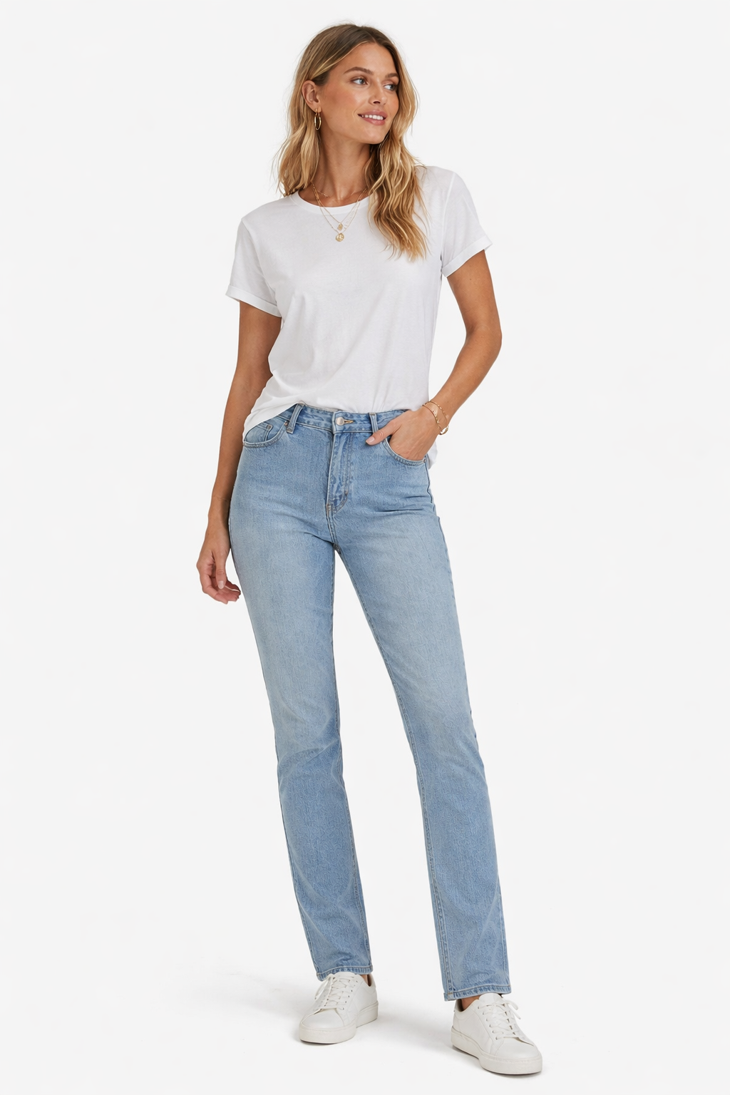 Straight leg jeans with white tee